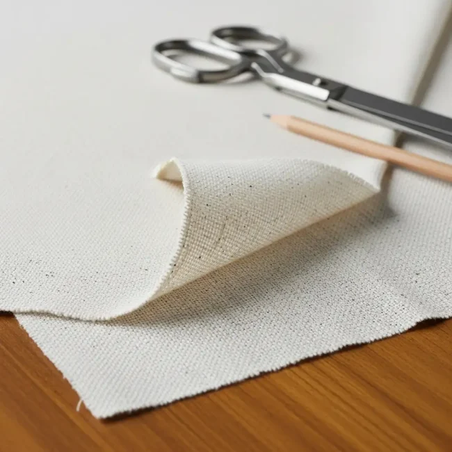 Tela calicó de algodón crudo color hueso, mostrando su textura natural y motas. Usada para toiles de prueba y manualidades.