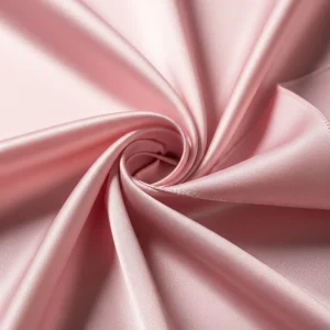 Tejido charmeuse de seda color rosa empolvado, drapeado, mostrando su brillo lustroso y acabado satinado. Tela de lujo para vestidos y lencería.