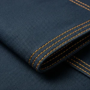 Macro de tela cureña de algodón azul marino con triple costura, mostrando su textura gruesa y resistente. Tejido para uniformes y ropa de trabajo.