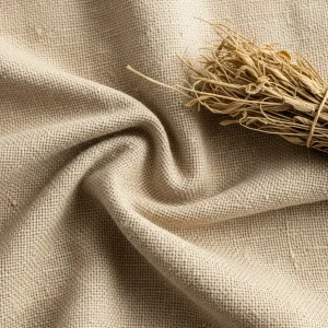 Macro de tela de cáñamo natural sin teñir, mostrando sus fibras robustas y textura orgánica. Fibra sostenible para ropa y textiles.