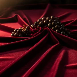 Lujosa tela de terciopelo color Borgoña drapeada, con uvas Pinot Noir, mostrando la riqueza y profundidad del color inspirado en el vino.
