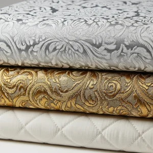 Selección de telas de la categoría Damas: un Damasco plateado, un Brocado azul y oro, y un Matelassé marfil, mostrando diferentes tejidos Jacquard.