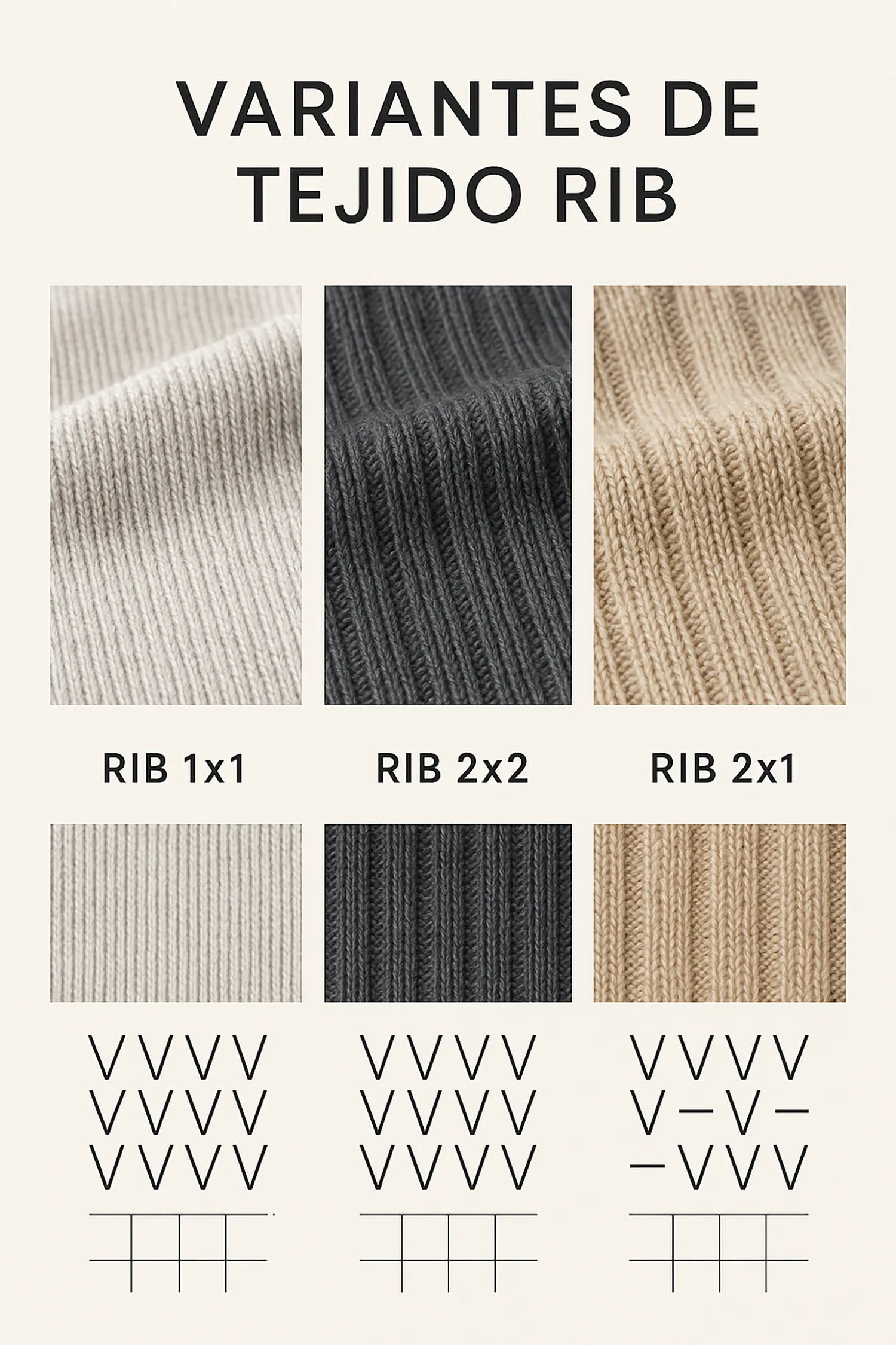 Infografía comparativa que muestra las diferencias visuales y estructurales entre la tela rib 1x1, rib 2x2 y rib 2x1, con ejemplos realistas y diagramas de punto. Textti.