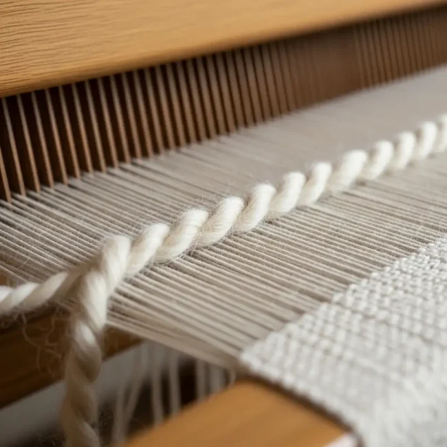 Urdimbre de lana cruda tensada en un telar de madera, mostrando los hilos longitudinales listos para el tejido. Base para telas de lana.