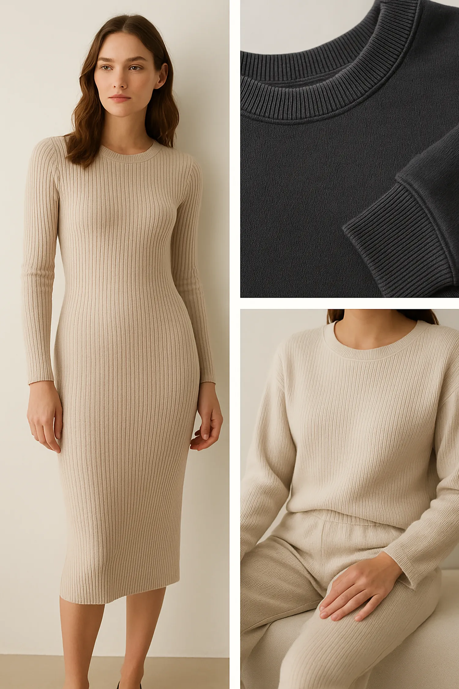 Collage de prendas de moda hechas con tela rib o canalé: un vestido ajustado color beige, un conjunto loungewear y el detalle del puño de una sudadera.