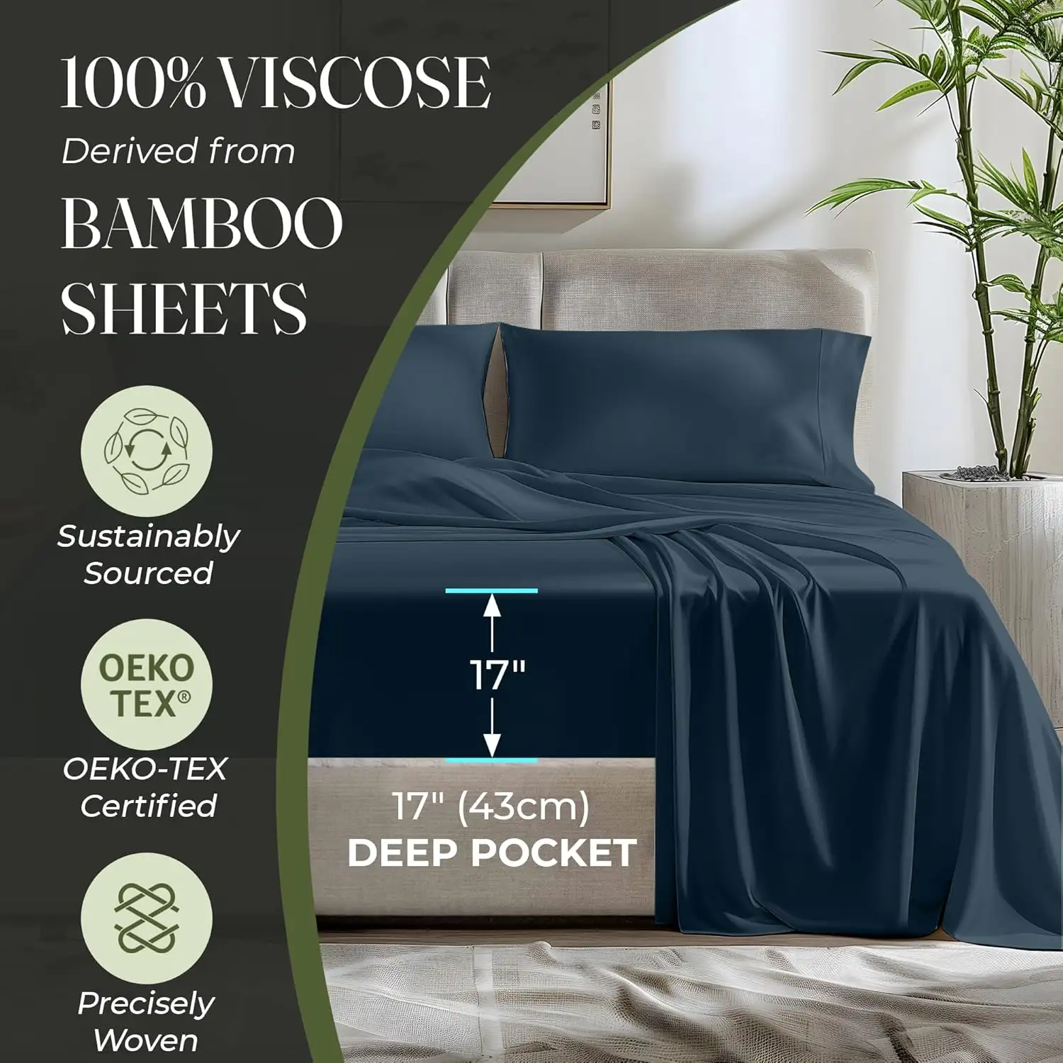 Sábanas de bambú DECOLURE 100% Viscosa orgánica derivada de bambú para cualquier tamaño de cama, 3 o 4 piezas - Ultra suave y lujosamente refrescante, bolsillo de 17 pulgadas de profundidad, doble costura, perfecto para personas que se acaloran al dormir.