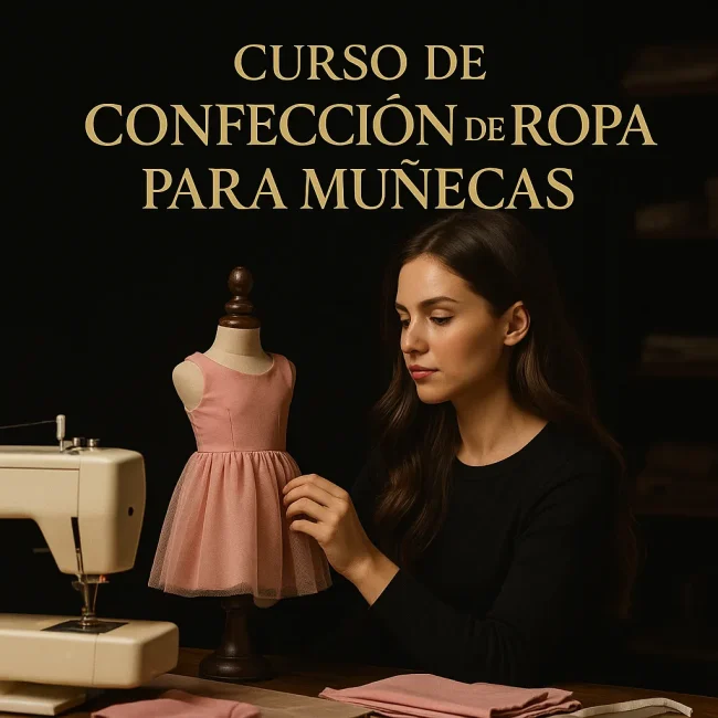 Curso de Confección de Ropa para Muñecas: diseñadora ajustando vestido rosa en maniquí de muñeca con máquina de coser vintage y telas en fondo oscuro.