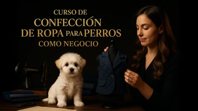 Curso de Confección de Ropa para Perros como Negocio: costurera ajustando chaleco azul en maniquí mientras un cachorro maltés posa, máquina de coser y rollos de tela al fondo.