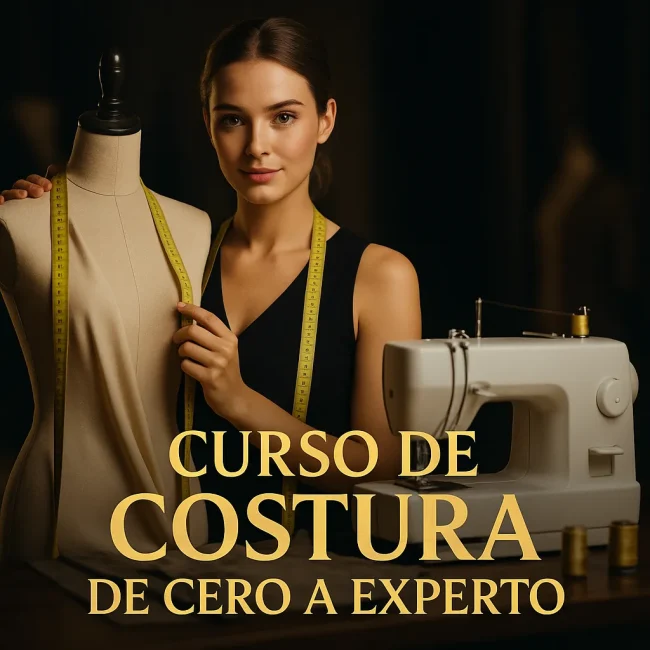 Imagen cuadrada premium del Curso de Costura de Cero a Experto con costurera, maniquí y máquina de coser