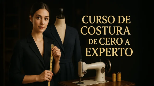 Miniatura YouTube premium del Curso de Costura de Cero a Experto con costurera, maniquí y máquina de coser