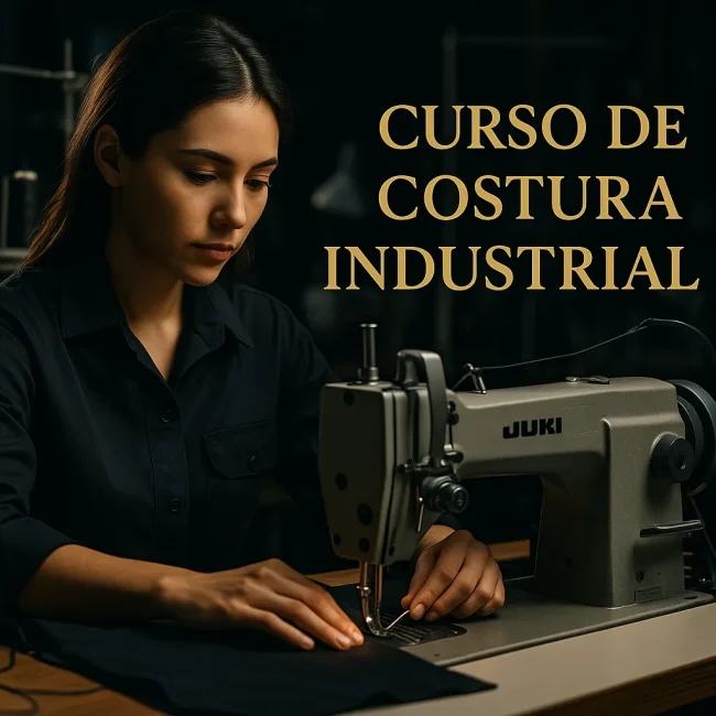 Imagen cuadrada premium del Curso de Costura Industrial con costurera y máquina