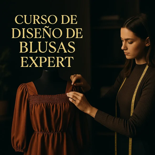 Ajuste detallado de blusa color óxido en maniquí en estudio de moda. Curso de Diseño de Blusas Expert