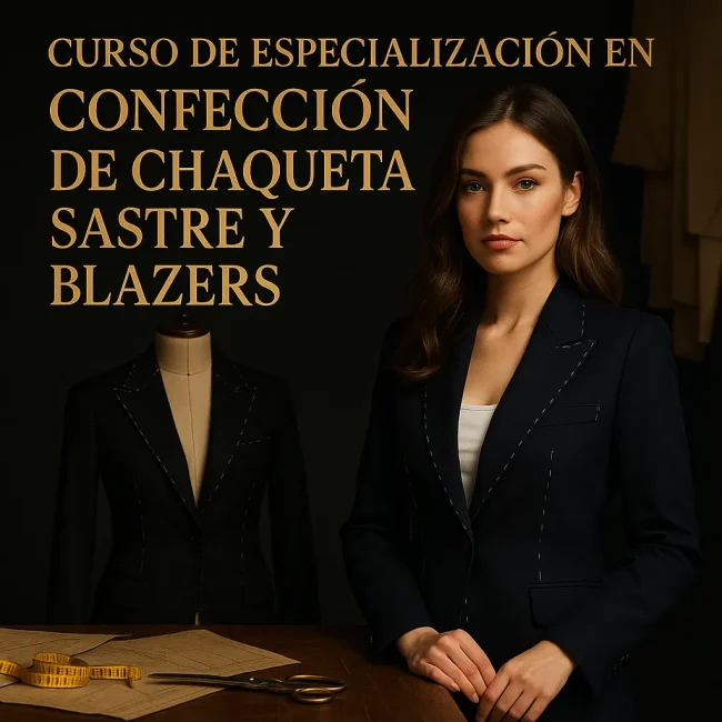 Curso de Confección de Chaqueta Sastre y Blazers: modelo ultra realista con blazer navy y puntadas de hilvanado, maniquí y mesa con patrones.