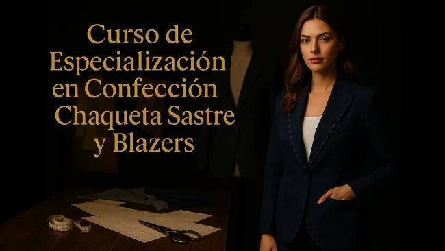Curso de Especialización en Confección de Chaqueta Sastre y Blazers: modelo con blazer navy en taller de sastrería, maniquí y patrones al fondo.