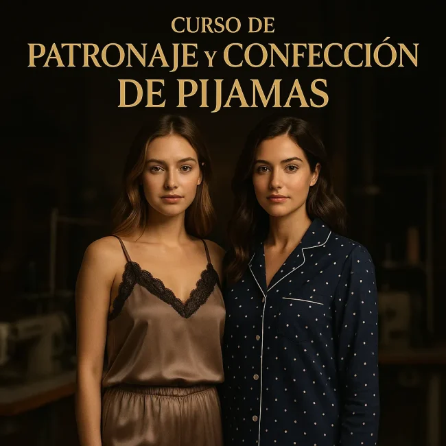 Curso de Patronaje y Confección de Pijamas: modelos ultra realistas en pijamas satinada taupe y azul con puntos, en taller de costura oscuro.