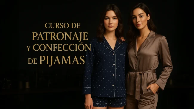 Curso de Patronaje y Confección de Pijamas: dos modelos con pijamas premium en taller de costura oscuro.