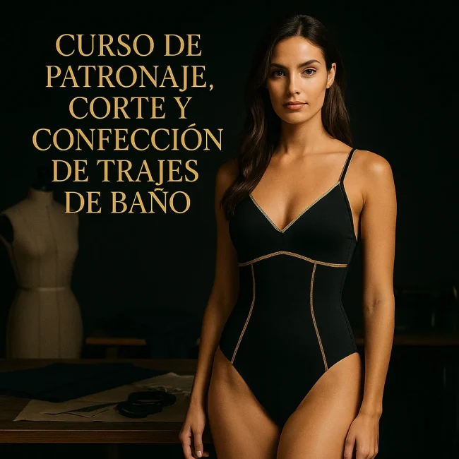 Curso de Patronaje, Corte y Confección de Trajes de Baño: modelo ultra realista en traje de baño negro con fondo de taller de costura y tipografía dorada.