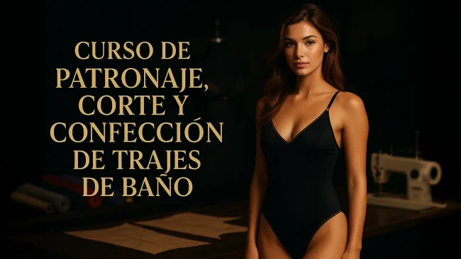 Curso de Patronaje, Corte y Confección de Trajes de Baño: modelo en traje de baño negro con detalles dorados en taller de costura oscuro.