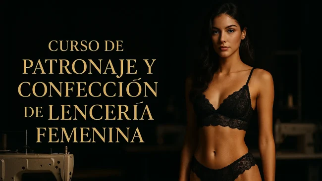 Curso de Patronaje y Confección de Lencería Femenina: modelo en lencería negra junto a máquinas de coser en taller oscuro premium.