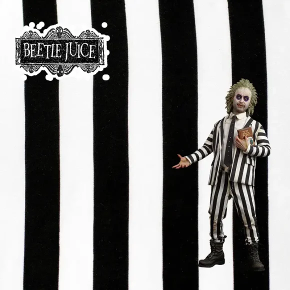 Tela disfraz Beetlejuice con patrón de rayas blancas y negras, perfecta para disfraces temáticos.