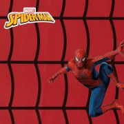 Tela disfraz Spiderman (Hombre Araña) patrón de telaraña, fondo rojo, venta por metro o rollo.