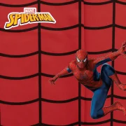 Tela disfraz Spiderman con diseño de telaraña y figura del Hombre Araña, venta por metro o rollo en Colombia.