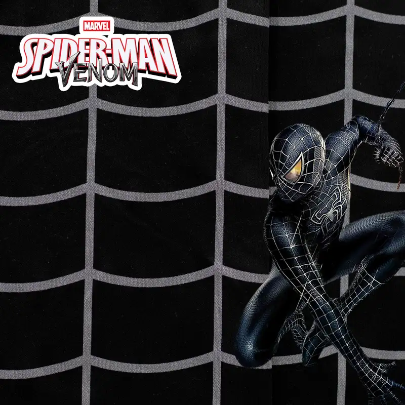 Tela disfraz Spiderman Negro Venom para confección de disfraces, fondo oscuro con telaraña.