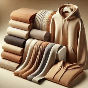 Muestras de diferentes algodones perchados con acabados aterciopelados, acanalados y lisos, presentadas junto a prendas como sudaderas y buzos.