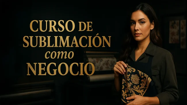 Miniatura premium del «Curso de Sublimación como Negocio» con experta mostrando pañoleta de seda frente a calandra
