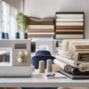 Espacio de trabajo textil moderno y organizado con herramientas como máquina de coser, telas neutras y gráficos de crecimiento financiero, representando oportunidades de éxito en el emprendimiento textil.