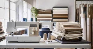 Espacio de trabajo textil moderno y organizado con herramientas como máquina de coser, telas neutras y gráficos de crecimiento financiero, representando oportunidades de éxito en el emprendimiento textil.
