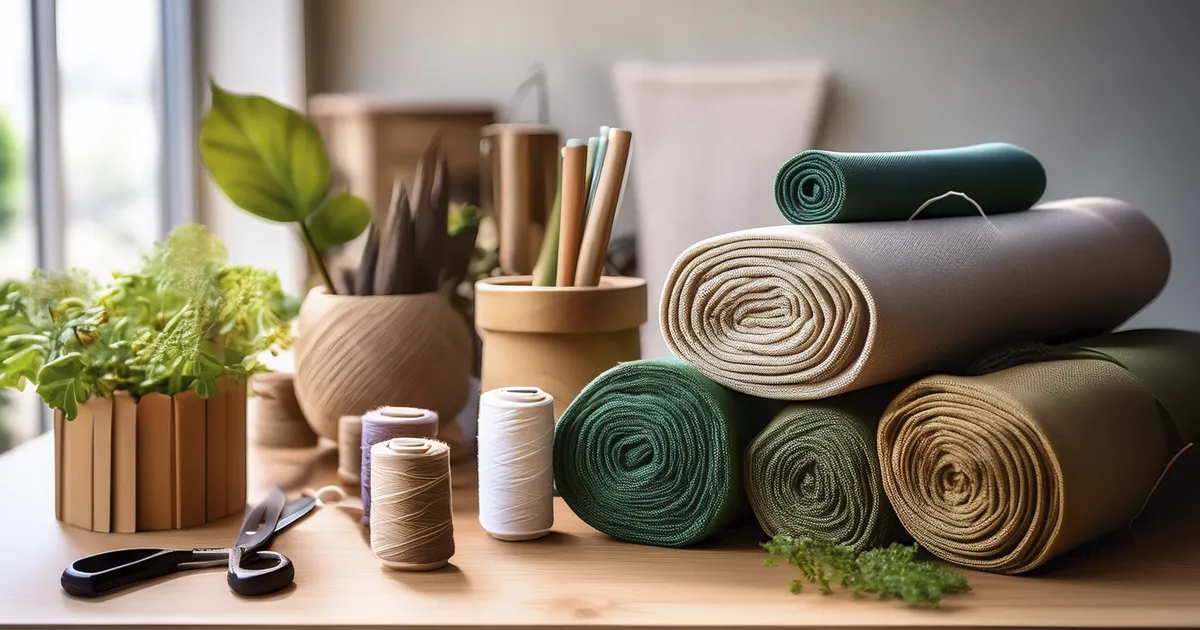 Telas ecológicas como algodón orgánico y poliéster reciclado, con herramientas sostenibles en un espacio de trabajo moderno.