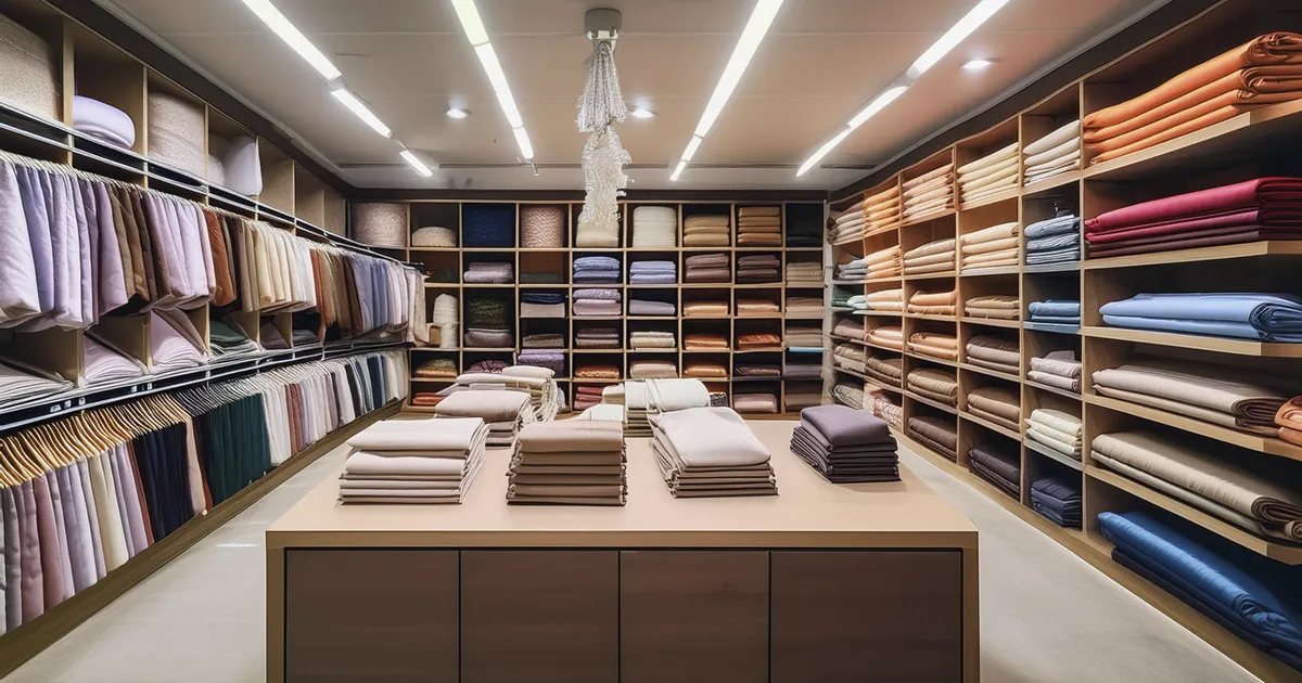 Tienda organizada con telas premium y kits de accesorios para proyectos textiles especializados.