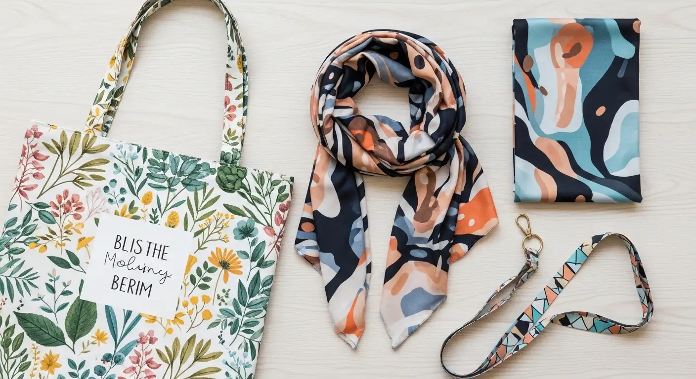 Accesorios de moda, una idea para emprender con sublimación desde casa, mostrando bolsos y pañuelos personalizados.