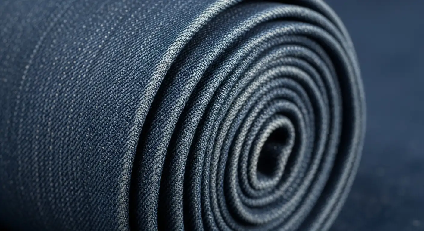 Rollo de tela denim (mezclilla), una de las clases de telas de algodón más resistentes y populares, mostrando su sarga diagonal.