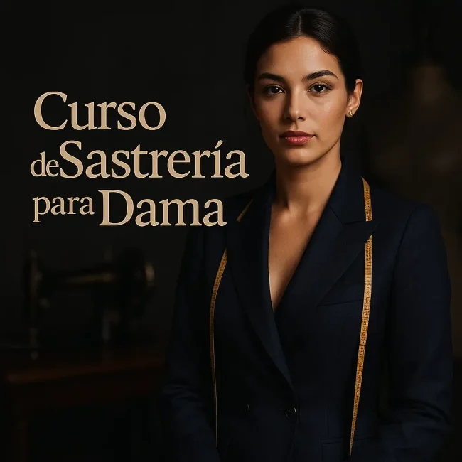 Mujer con blazer azul marino de corte italiano y cinta métrica dorada, en fondo oscuro con texto “Curso de Sastrería para Dama”.