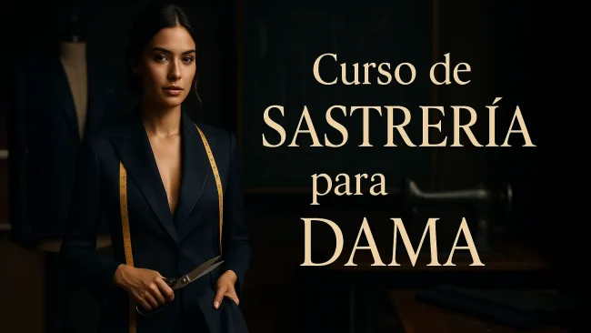 Mujer joven con blazer italiano azul marino, cinta métrica al cuello y tijeras de sastre, en taller oscuro premium; texto “Curso de Sastrería para Dama”.