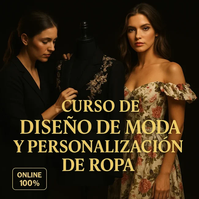 Imagen destacada 1:1 del Curso de Diseño de Moda y Personalización de Ropa con diseñadora y modelo en estilo premium oscuro