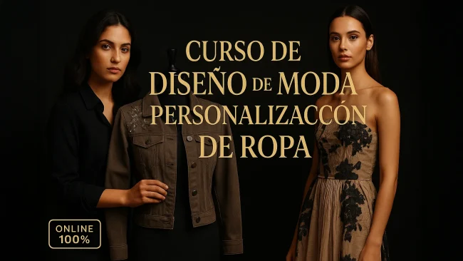 Miniatura premium del Curso de Diseño de Moda y Personalización de Ropa con diseñadora y modelo en fondo oscuro