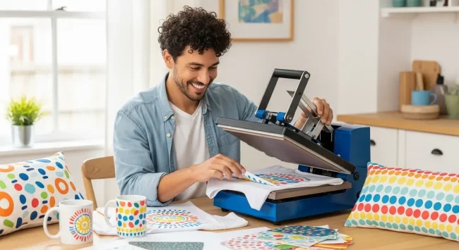 Persona en su taller casero, una excelente idea para emprender con sublimación desde casa, rodeada de productos personalizados.