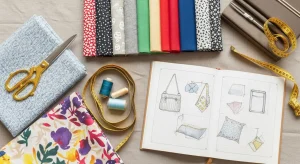 Mesa de trabajo con diversas telas y herramientas de costura, representando ideas para negocios rentables con telas.