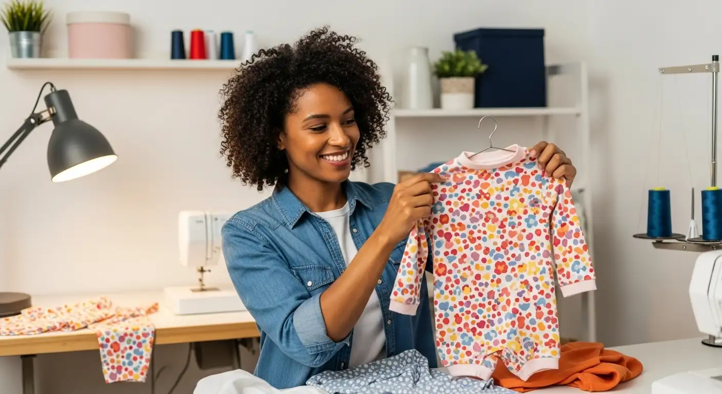 Emprendedora mostrando ropa infantil hecha a mano, un ejemplo de negocios rentables con telas.