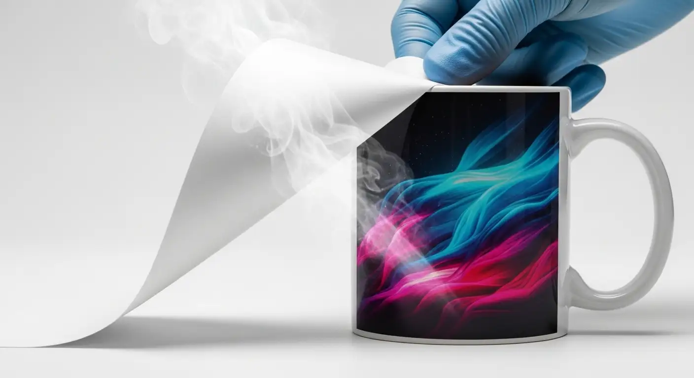 Detalle del proceso de sublimación, esencial para emprender con sublimación desde casa, mostrando transferencia de diseño a taza.