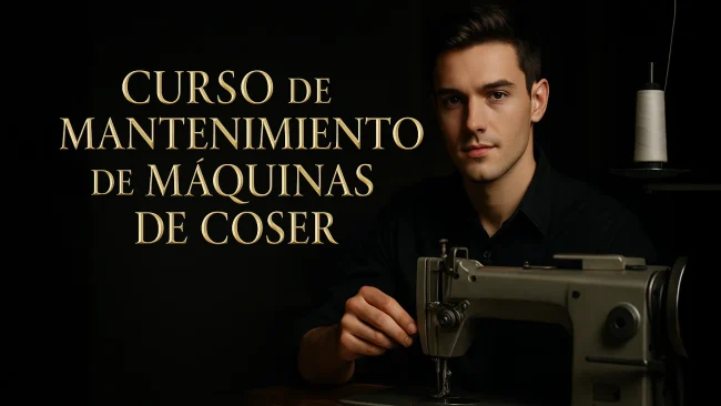 Miniatura premium con tipografía dorada para Curso de Mantenimiento de Máquinas de Coser