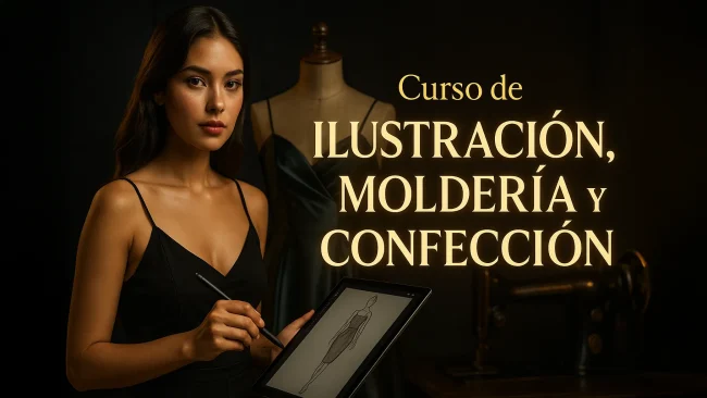 Miniatura premium oscura con modelo y maniquí que presenta el “Curso de Ilustración, Moldería y Confección”