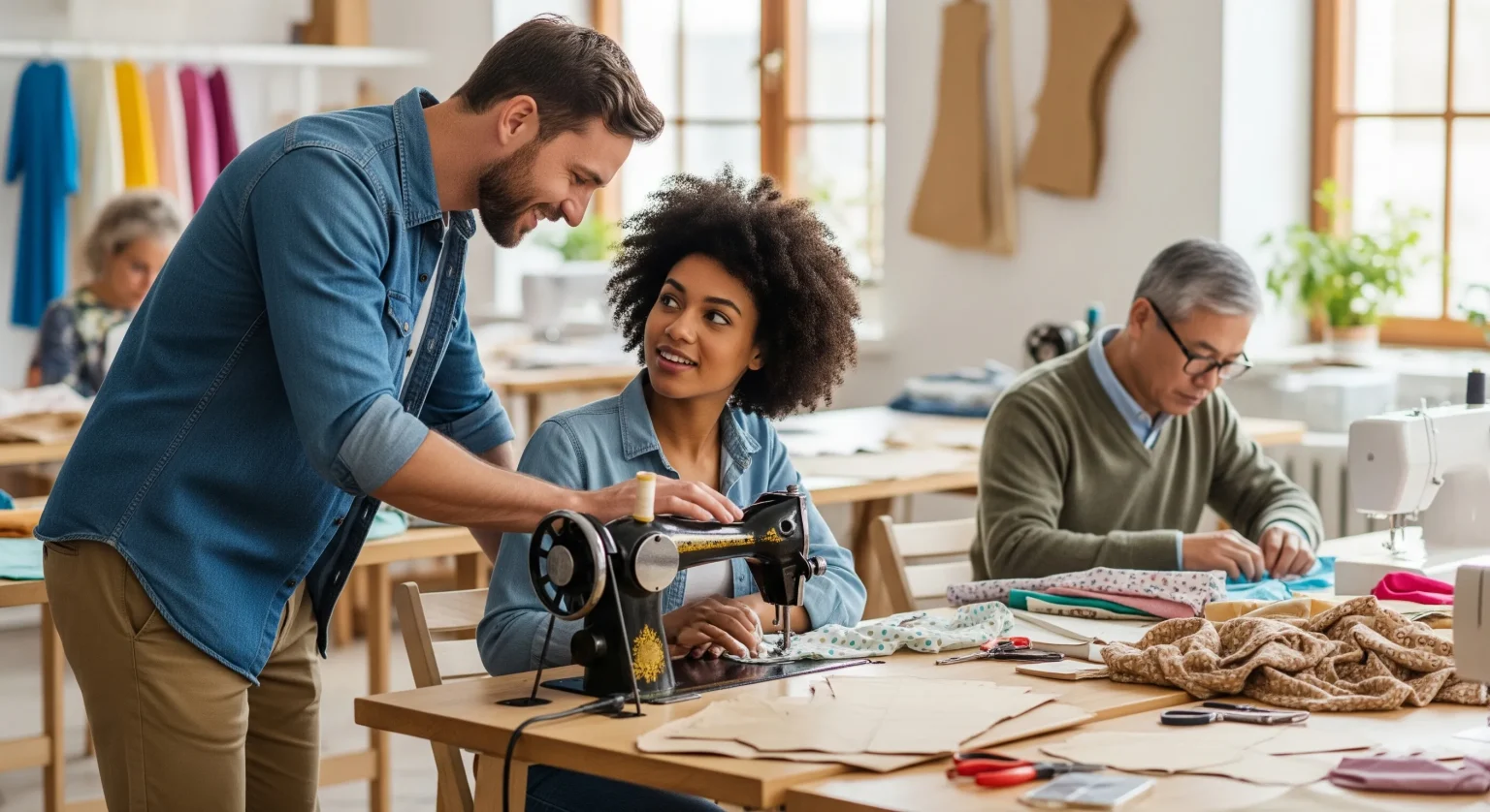 Grupo de personas en un taller de costura aprendiendo a usar la máquina con la guía de un instructor.