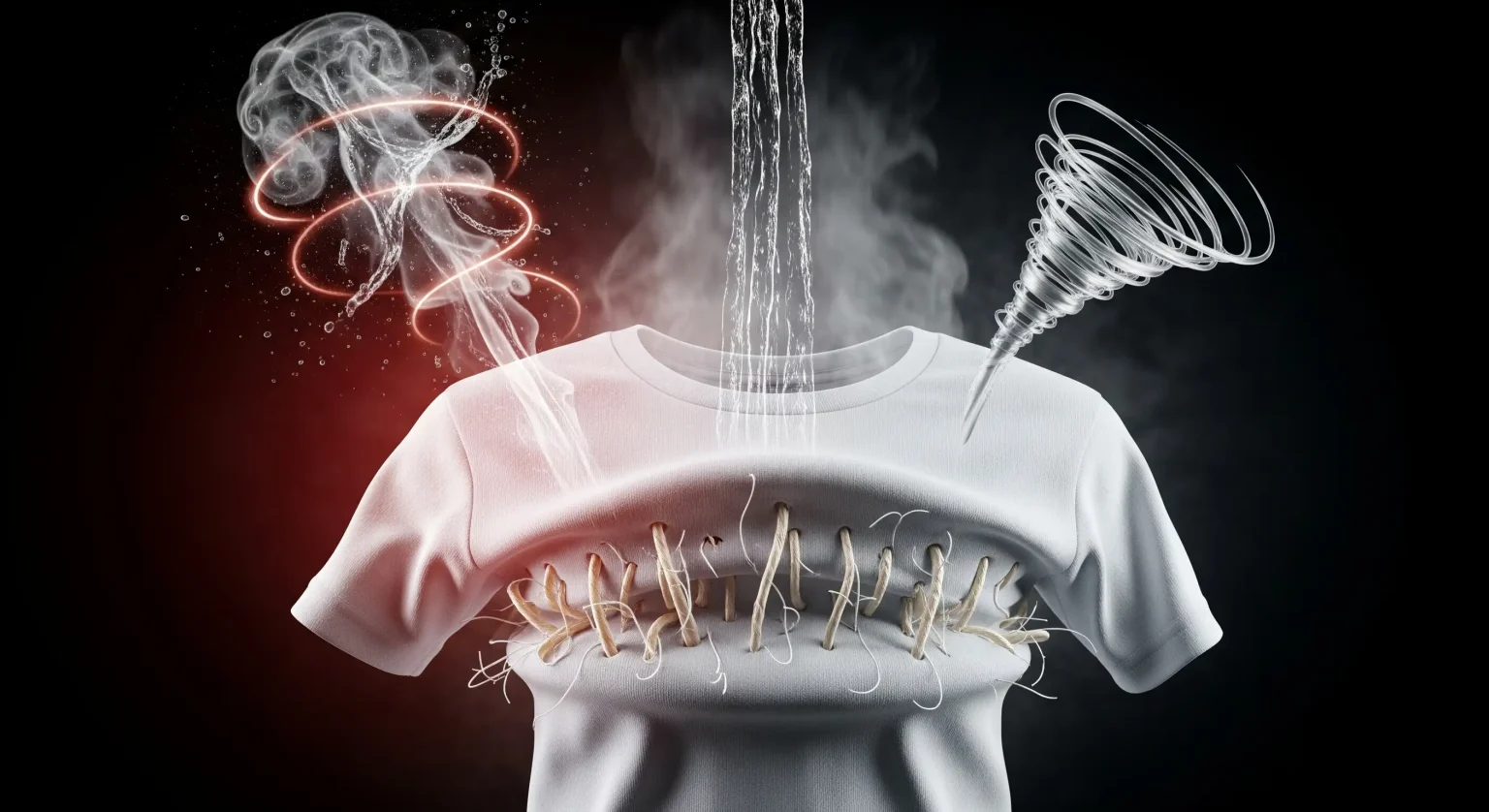 Representación visual de las causas del encogimiento de la ropa: calor, humedad, agitación y tipo de fibra.