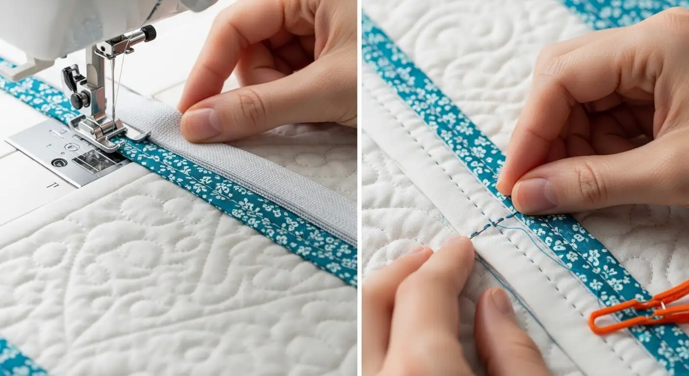 Manos cosiendo el bies a mano en el borde de un proyecto acolchado, demostrando el acabado final en cómo acolchar una tela a máquina.