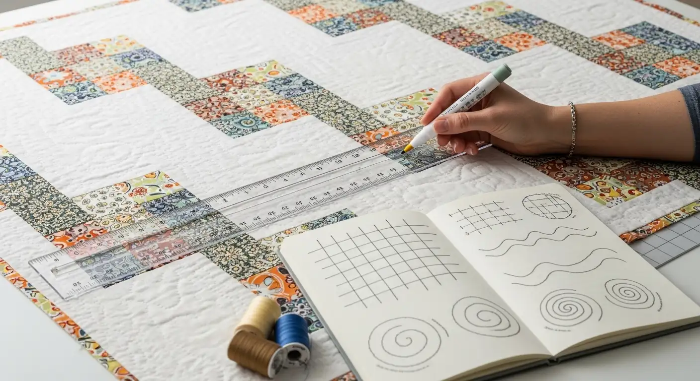 Planificación y marcado de un diseño de acolchado sobre un top de patchwork, paso previo a cómo acolchar una tela a máquina.