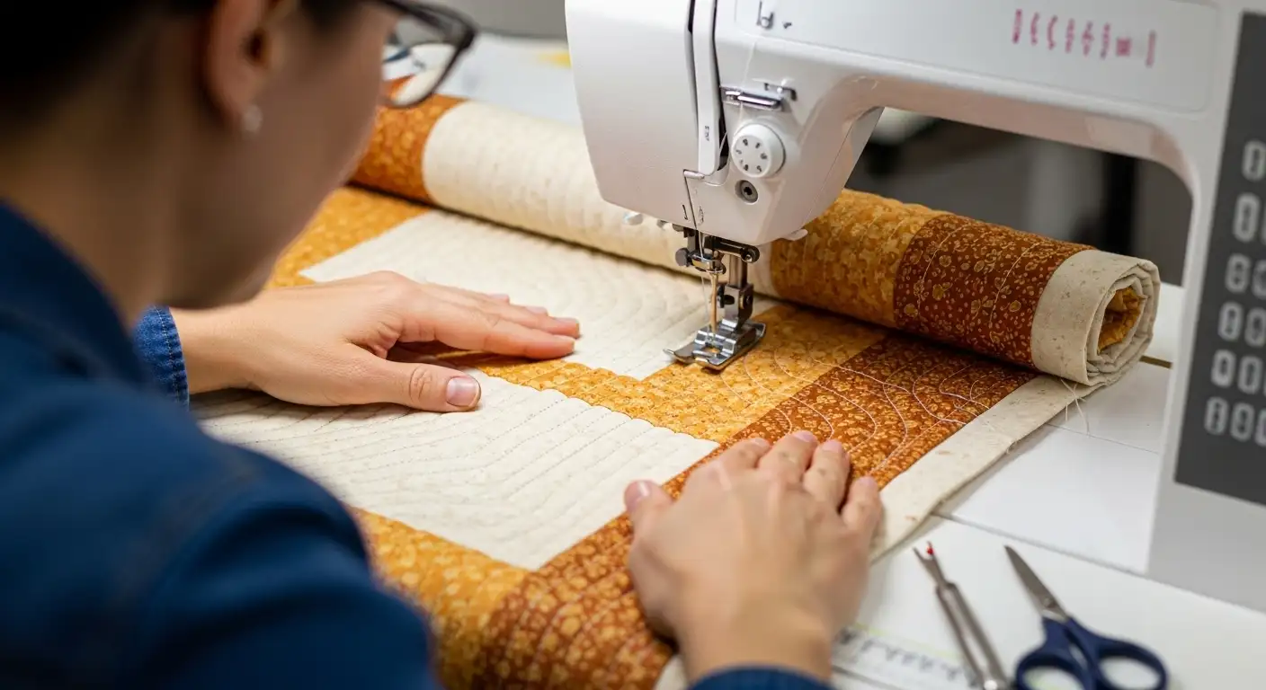 Persona concentrada en el proceso de cómo acolchar una tela a máquina, guiando el tejido bajo la aguja.